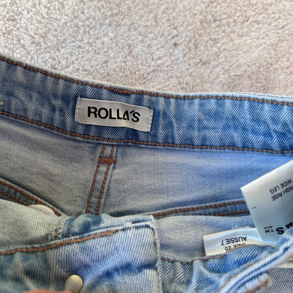 Rollas High Rise Wide Leg Jeans Light Wash Raw Hem Size 25 7 Front Patch Pockets - Picture 3 of 10